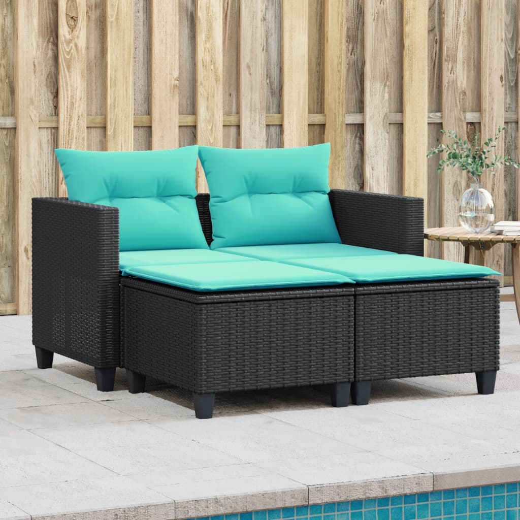 vidaXL Patio Sofa 2-Seater with Stools Black Poly Rattan-0