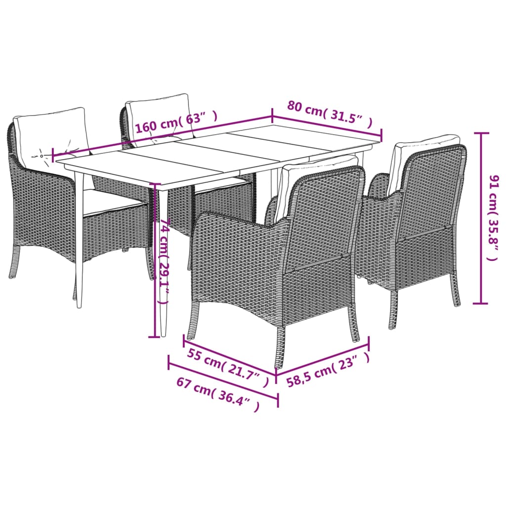 vidaXL 5 Piece Patio Dining Set with Cushions Gray Poly Rattan-36