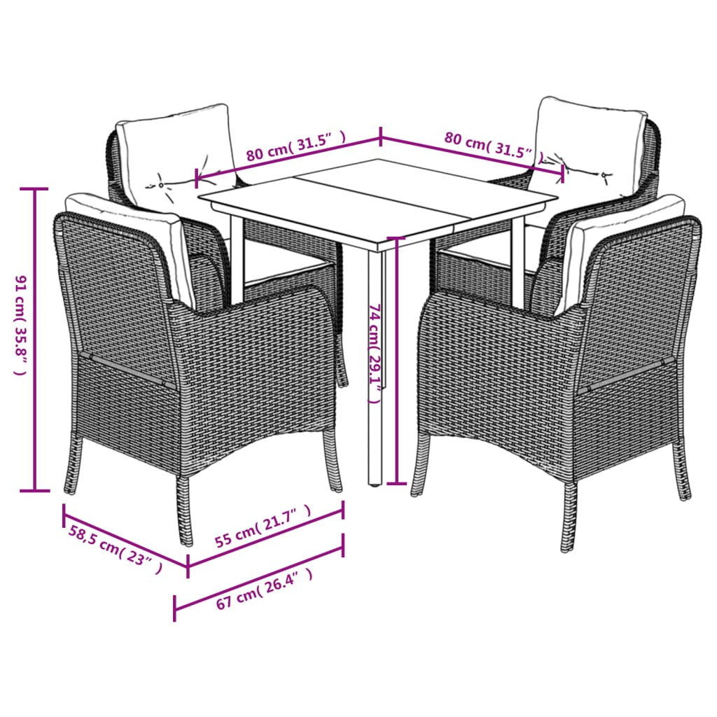 vidaXL 5 Piece Patio Dining Set with Cushions Gray Poly Rattan-7