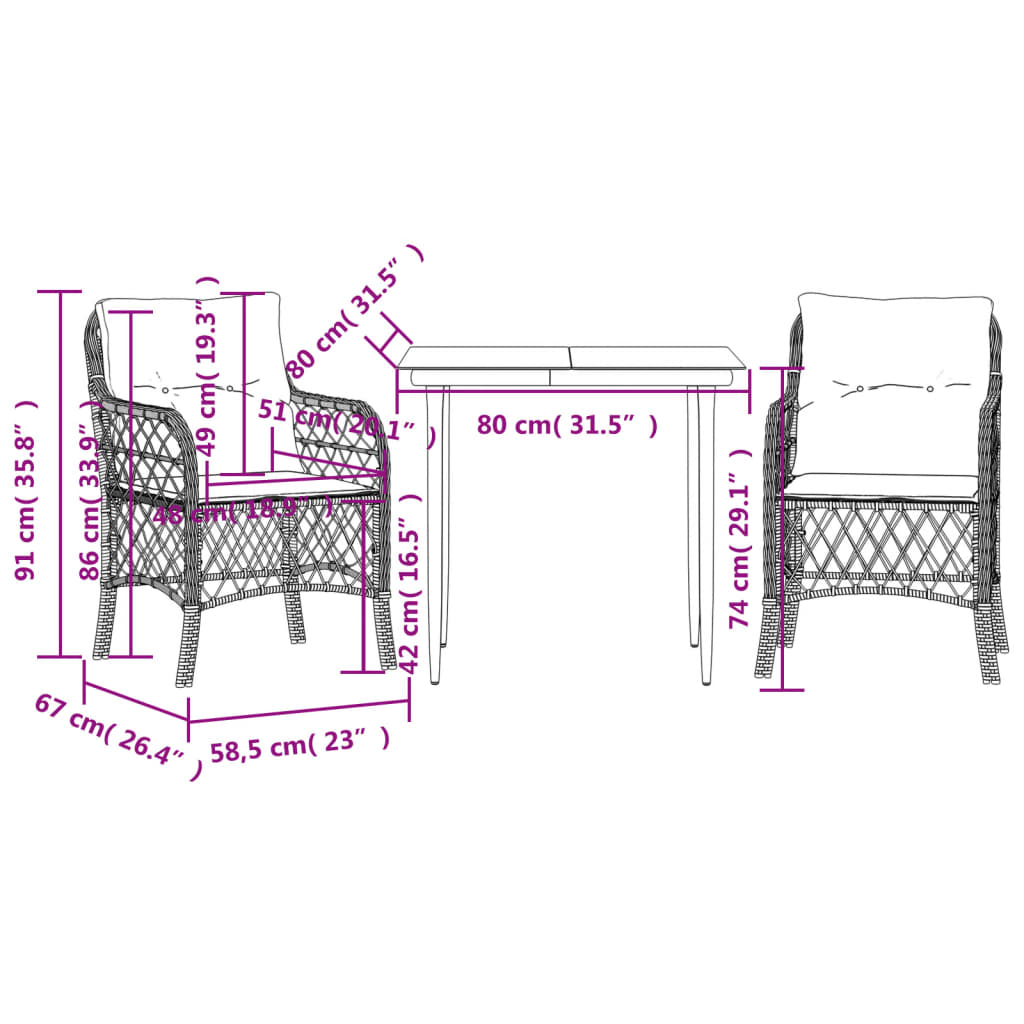 vidaXL 3 Piece Bistro Set with Cushions Gray Poly Rattan-30