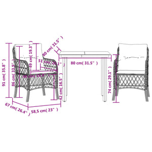 vidaXL 3 Piece Bistro Set with Cushions Gray Poly Rattan-17