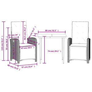 vidaXL 3 Piece Bistro Set with Cushions Gray Poly Rattan-9