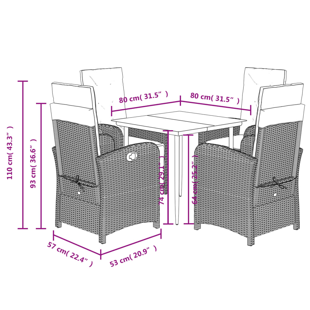 vidaXL 3 Piece Bistro Set with Cushions Gray Poly Rattan-67