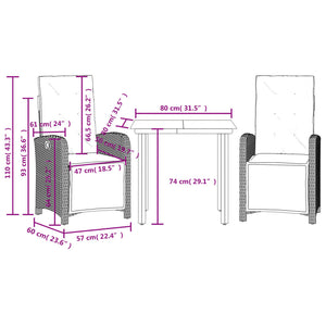 vidaXL 3 Piece Bistro Set with Cushions Gray Poly Rattan-56