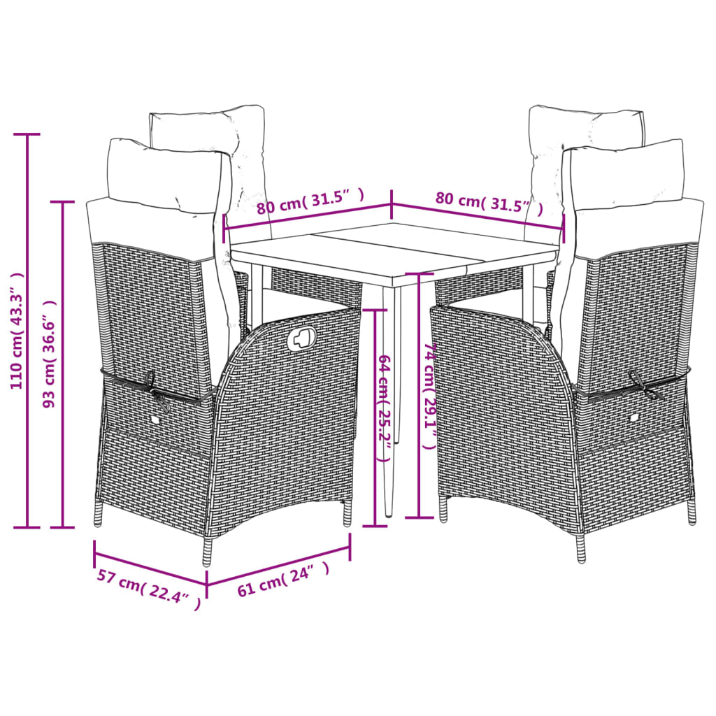 vidaXL Patio Dining Set with Cushions Garden Outdoor Seating Gray Poly Rattan-38