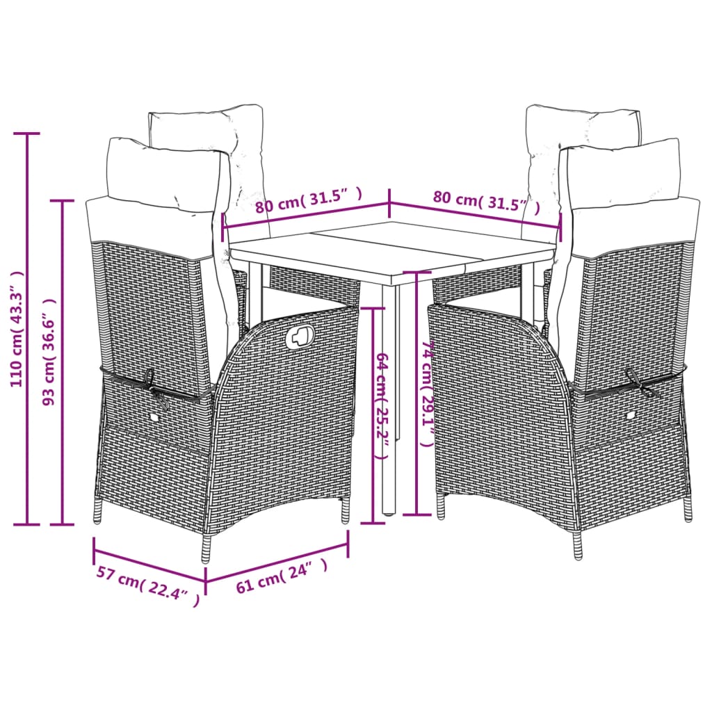 vidaXL Patio Dining Set with Cushions Garden Outdoor Seating Gray Poly Rattan-56