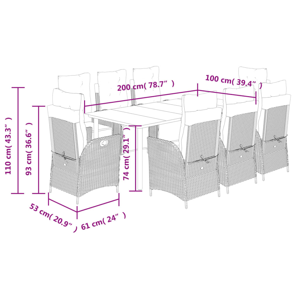 vidaXL Patio Dining Set with Cushions Garden Outdoor Seating Gray Poly Rattan-59