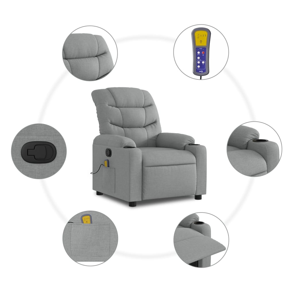 vidaXL Massage Recliner Chair Light Gray Fabric-5