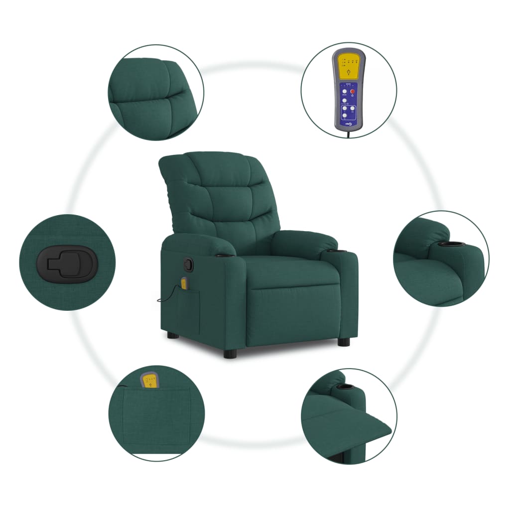 vidaXL Massage Recliner Chair Dark Green Fabric-4