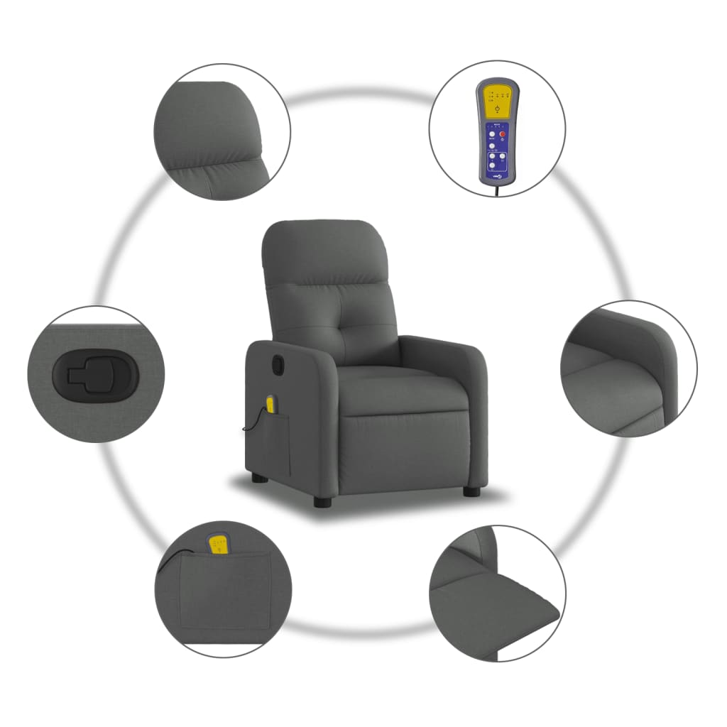 vidaXL Massage Recliner Chair Dark Gray Fabric-4