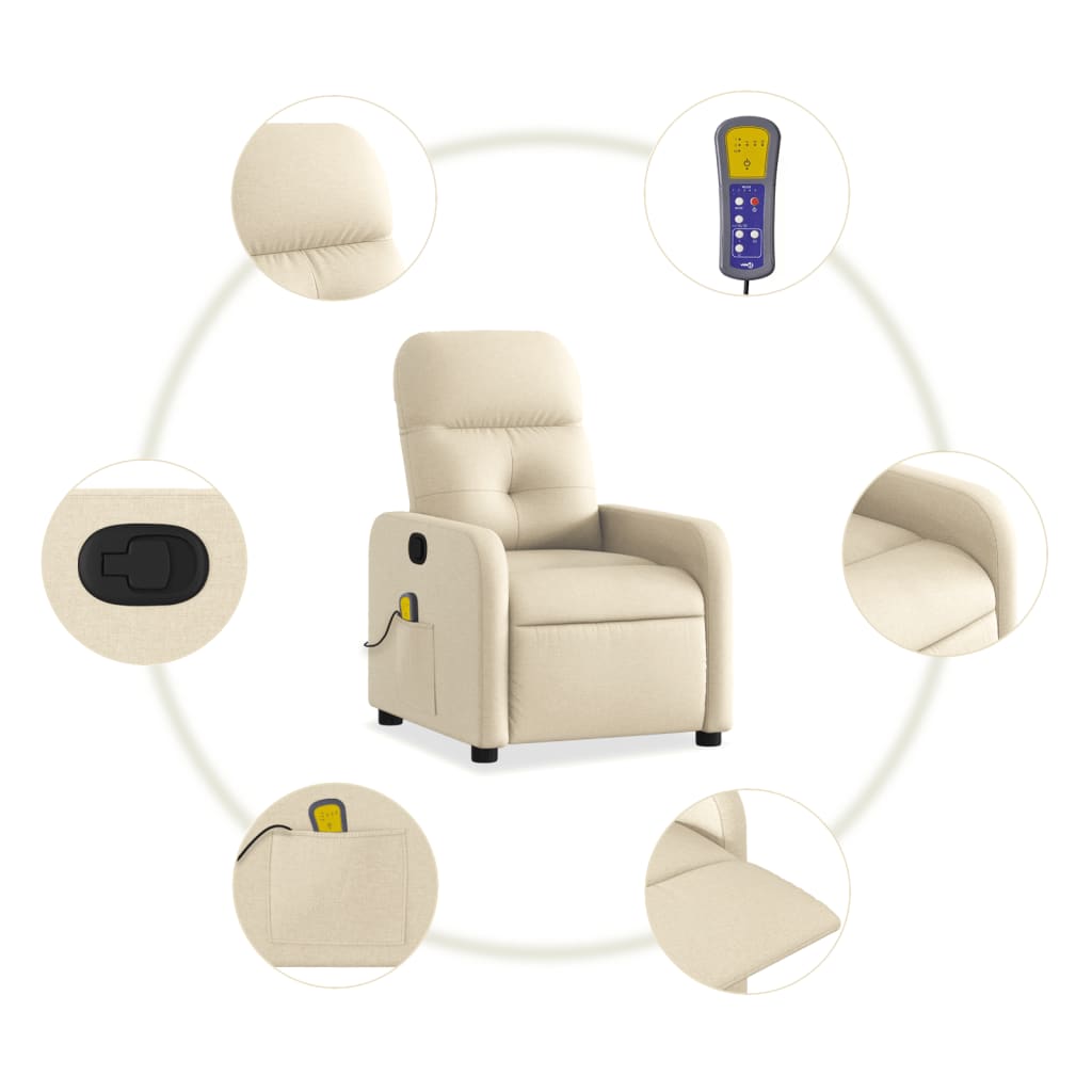vidaXL Massage Recliner Chair Cream Fabric-4