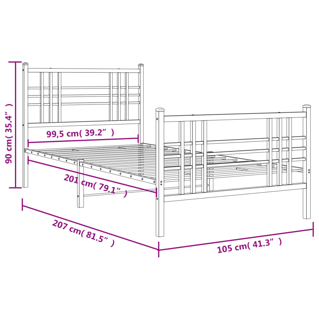 vidaXL Metal Bed Frame with Headboard and Footboard Black 39.4"x78.7"-7