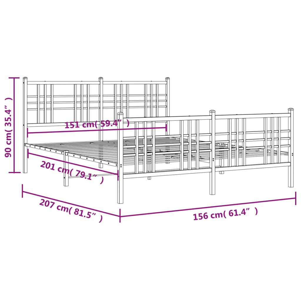 vidaXL Metal Bed Frame with Headboard and Footboard Black 59.1"x78.7"-7