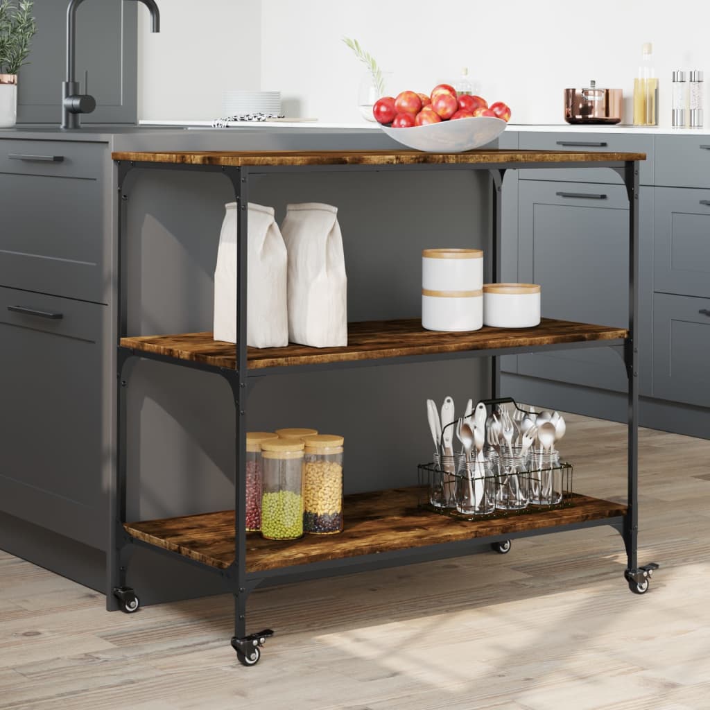 vidaXL Kitchen Trolley Smoked Oak 40.2"x19.7"x37.4" Engineered Wood-3