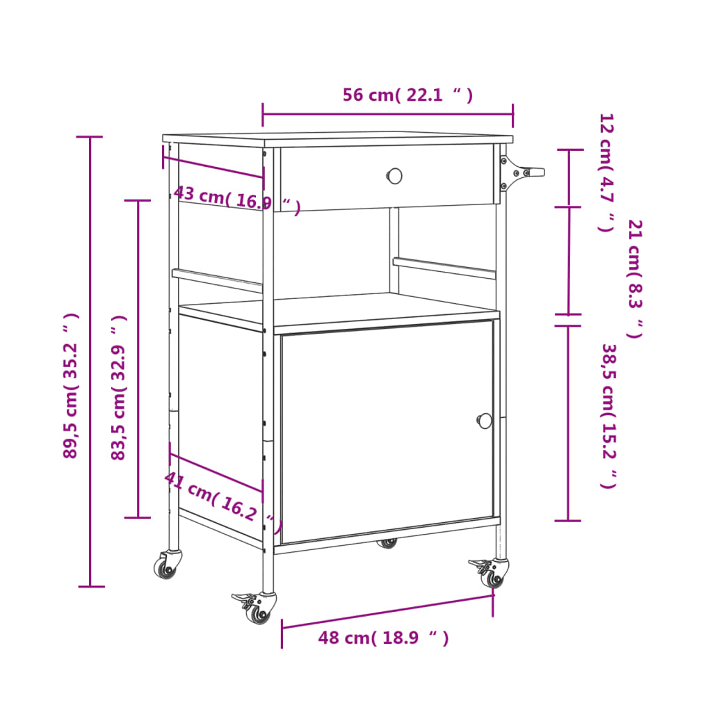 vidaXL Kitchen Trolley Black 22"x16.9"x35.2" Engineered Wood-3