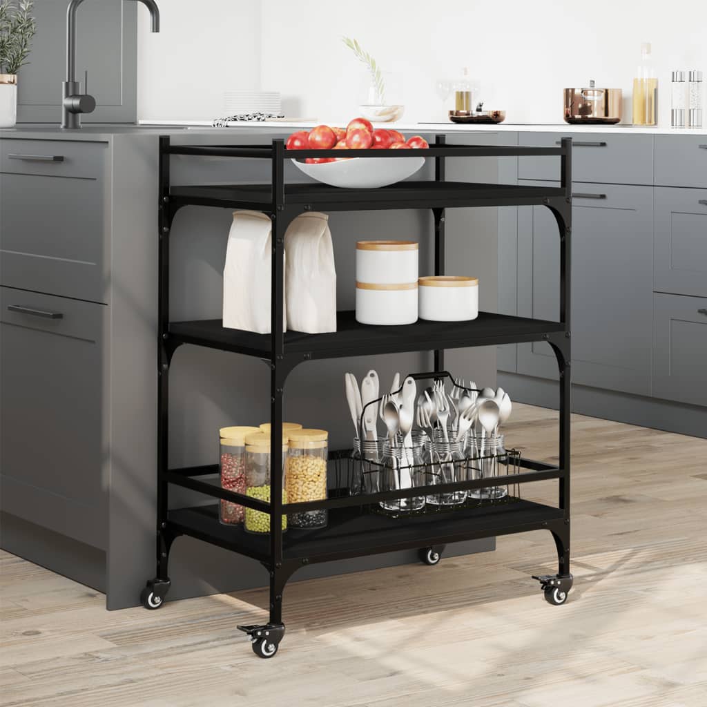 vidaXL Kitchen Trolley Black 25.6"x15.7"x34.1" Engineered Wood-2