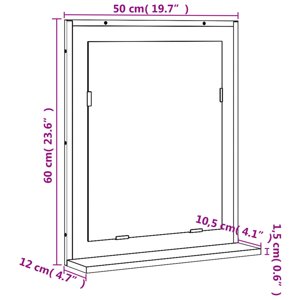 vidaXL Bathroom Mirror with Shelf Black 19.7"x4.7"x23.6" Engineered Wood-3