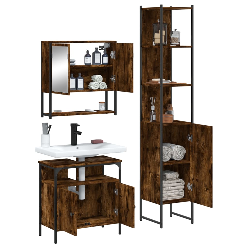 vidaXL 3 Piece Bathroom Furniture Set Smoked Oak Engineered Wood-3