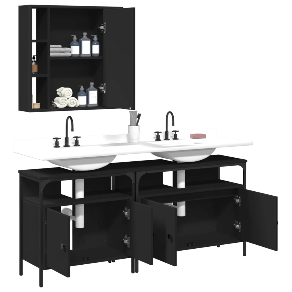 vidaXL 3 Piece Bathroom Cabinet Set Black Engineered Wood-3