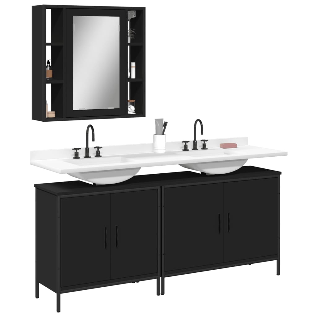 vidaXL 3 Piece Bathroom Cabinet Set Black Engineered Wood-0