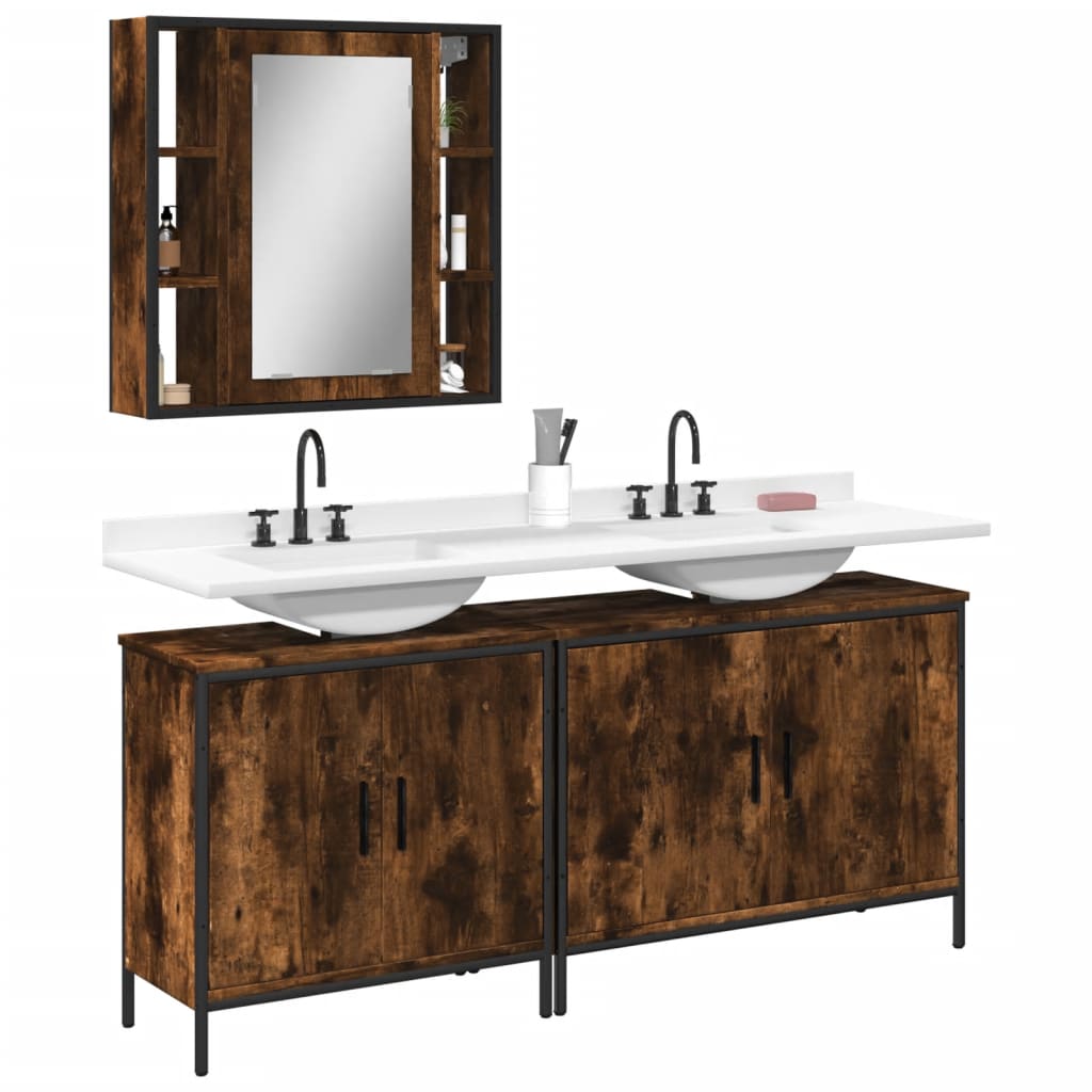 vidaXL 3 Piece Bathroom Cabinet Set Smoked Oak Engineered Wood-0