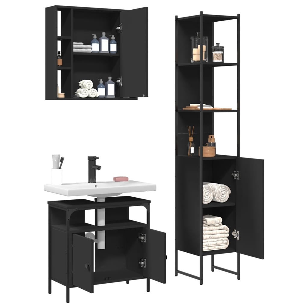 vidaXL 3 Piece Bathroom Cabinet Set Black Engineered Wood-3