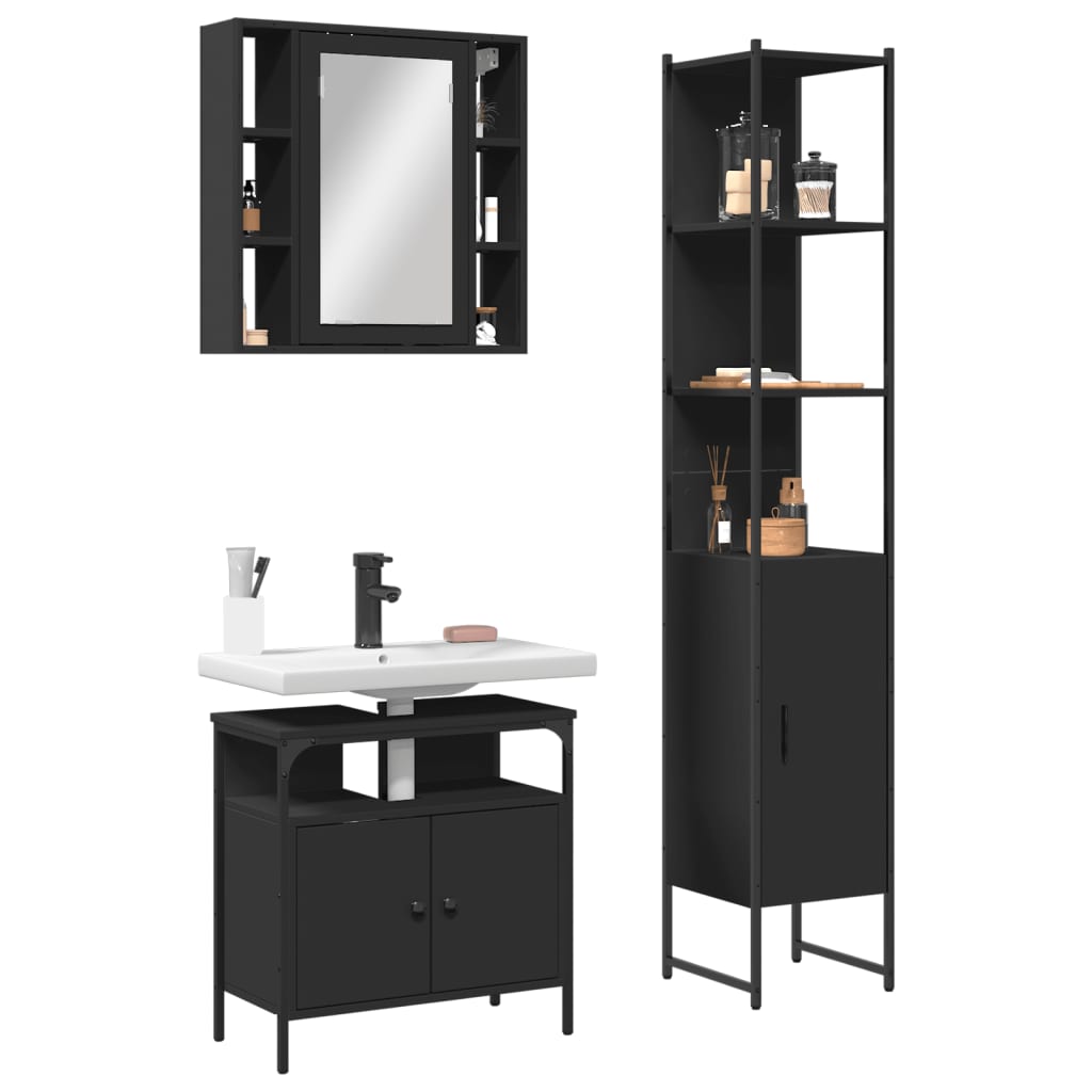 vidaXL 3 Piece Bathroom Cabinet Set Black Engineered Wood-0