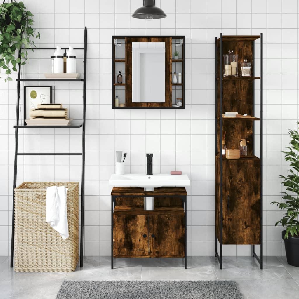 vidaXL 3 Piece Bathroom Cabinet Set Smoked Oak Engineered Wood-1