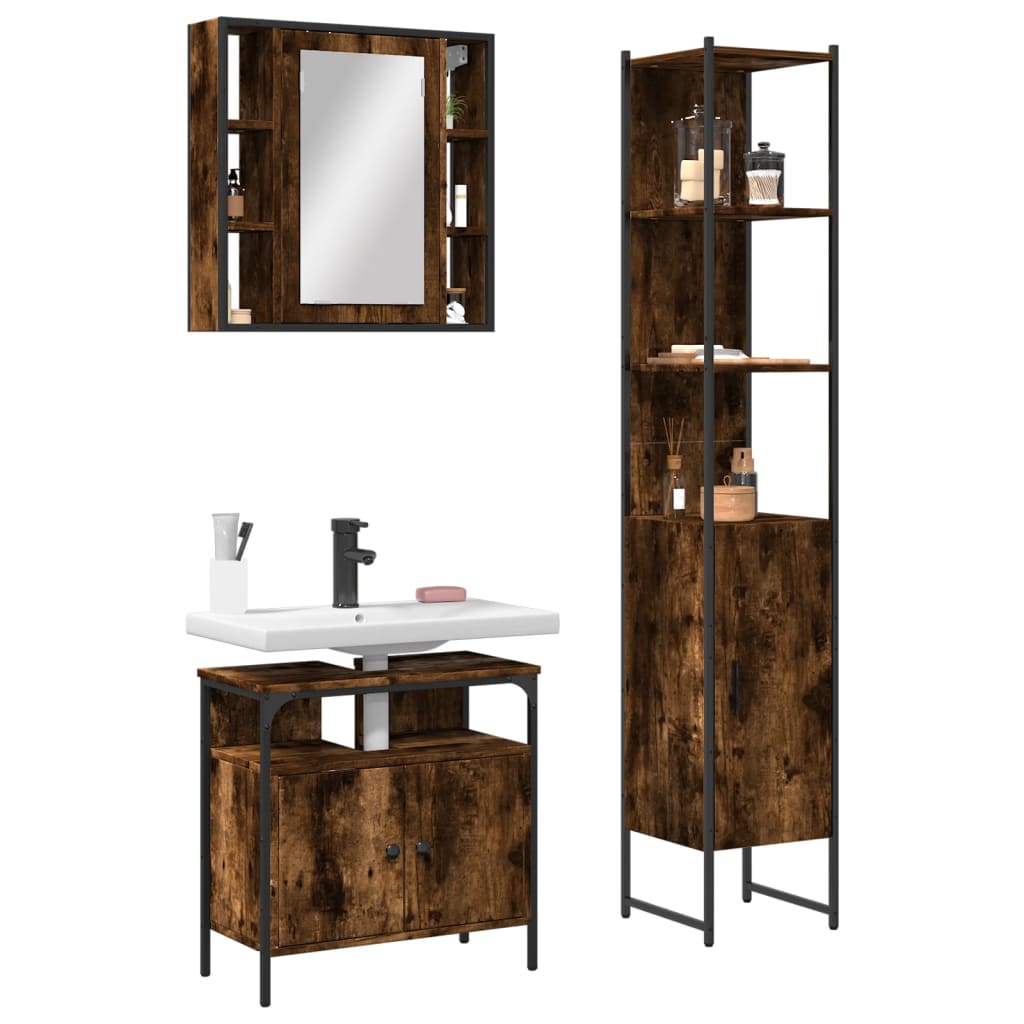 vidaXL 3 Piece Bathroom Cabinet Set Smoked Oak Engineered Wood-0