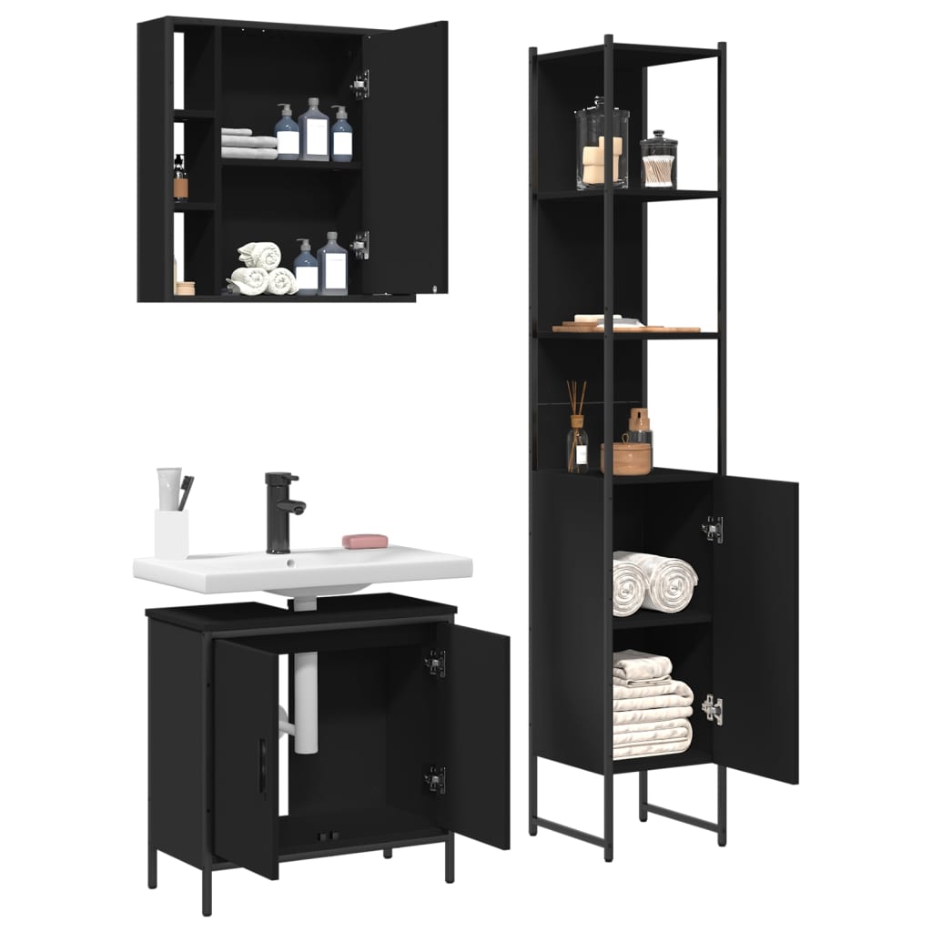 vidaXL 3 Piece Bathroom Cabinet Set Black Engineered Wood-3