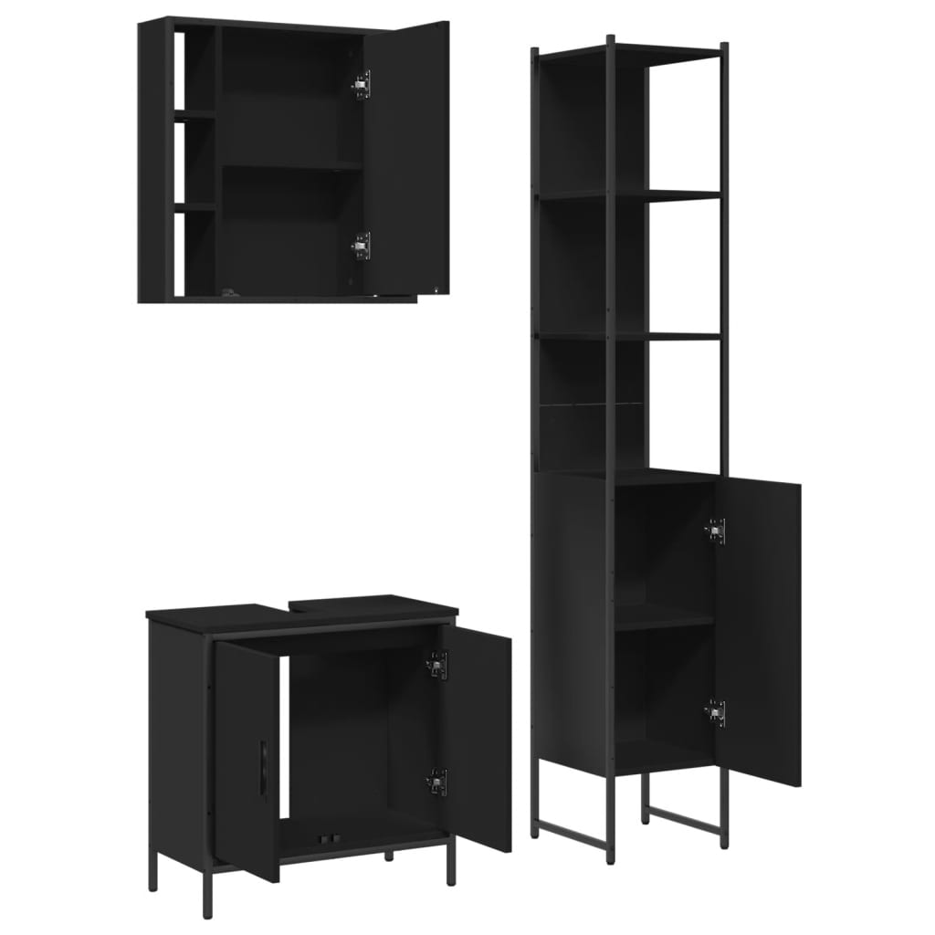 vidaXL 3 Piece Bathroom Cabinet Set Black Engineered Wood-4