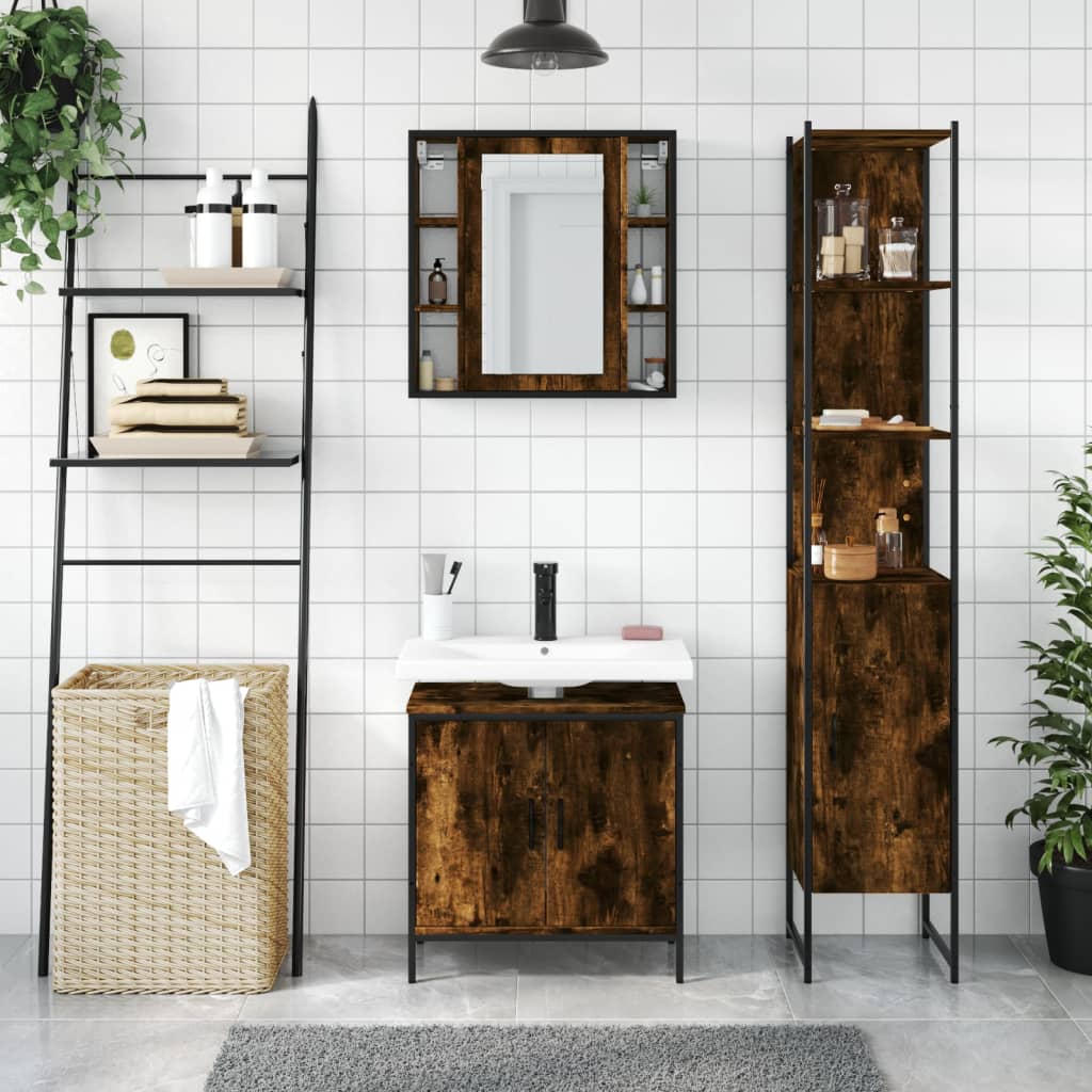 vidaXL 3 Piece Bathroom Cabinet Set Smoked Oak Engineered Wood-2