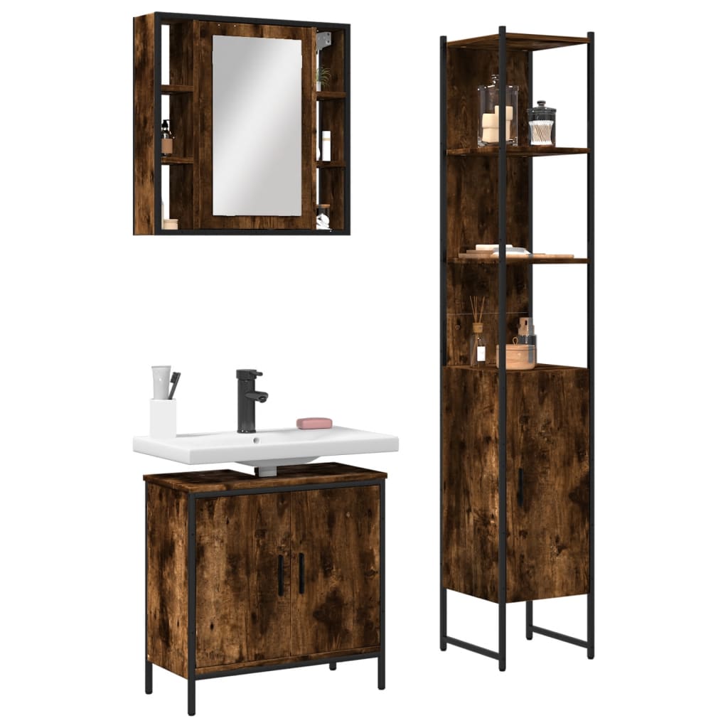 vidaXL 3 Piece Bathroom Cabinet Set Smoked Oak Engineered Wood-0