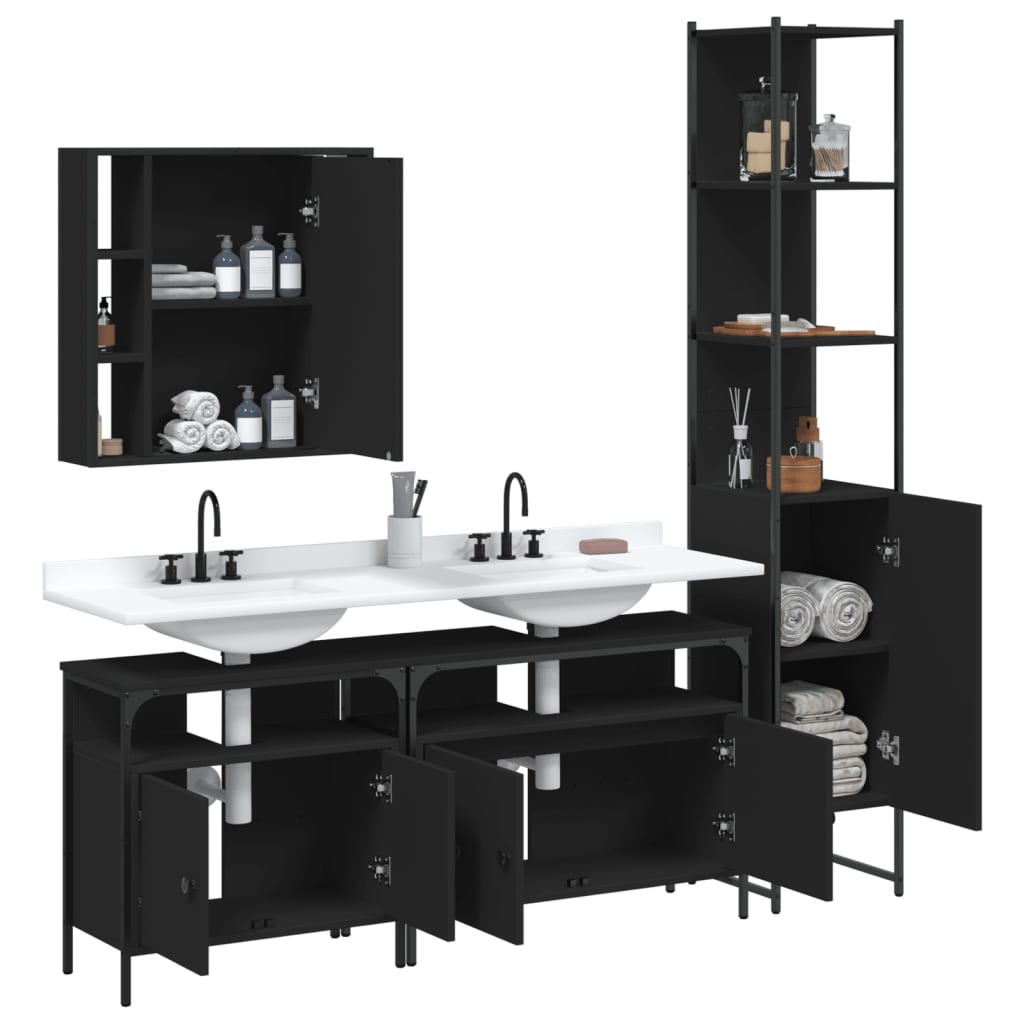 vidaXL 4 Piece Bathroom Cabinet Set Black Engineered Wood-3