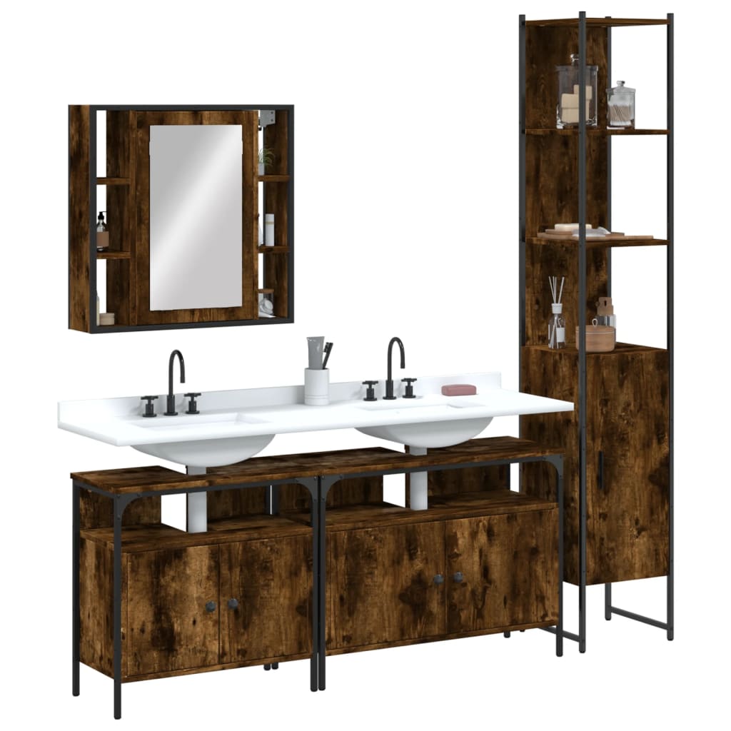 vidaXL 4 Piece Bathroom Cabinet Set Smoked Oak Engineered Wood-0