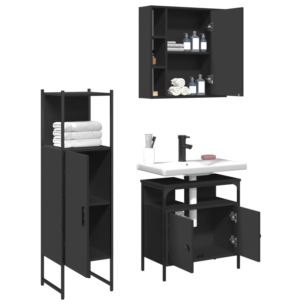 vidaXL 3 Piece Bathroom Cabinet Set Black Engineered Wood-3