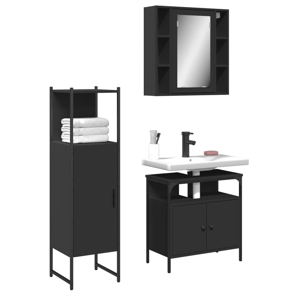 vidaXL 3 Piece Bathroom Cabinet Set Black Engineered Wood-0