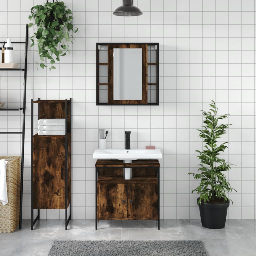 vidaXL 3 Piece Bathroom Cabinet Set Smoked Oak Engineered Wood-1