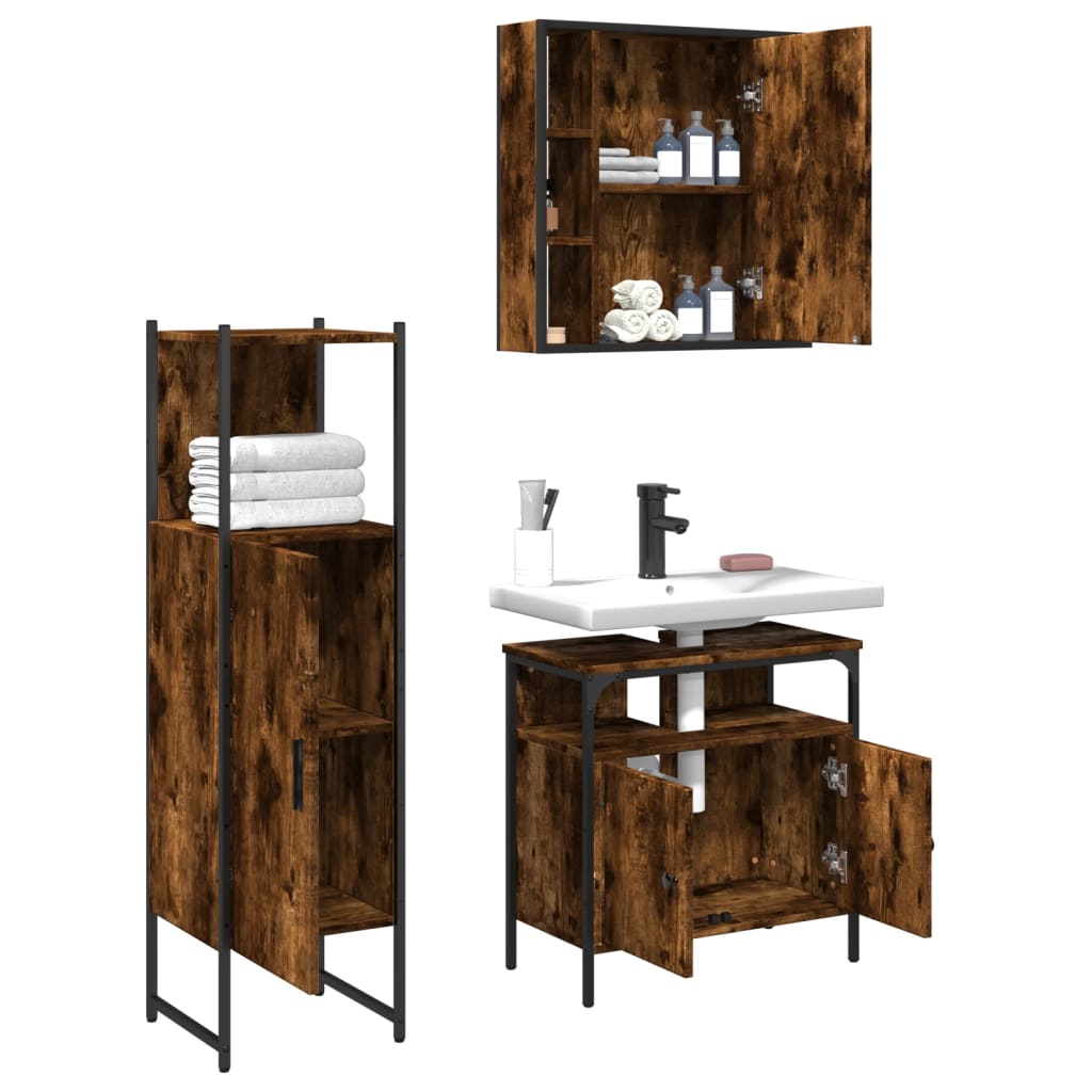 vidaXL 3 Piece Bathroom Cabinet Set Smoked Oak Engineered Wood-3