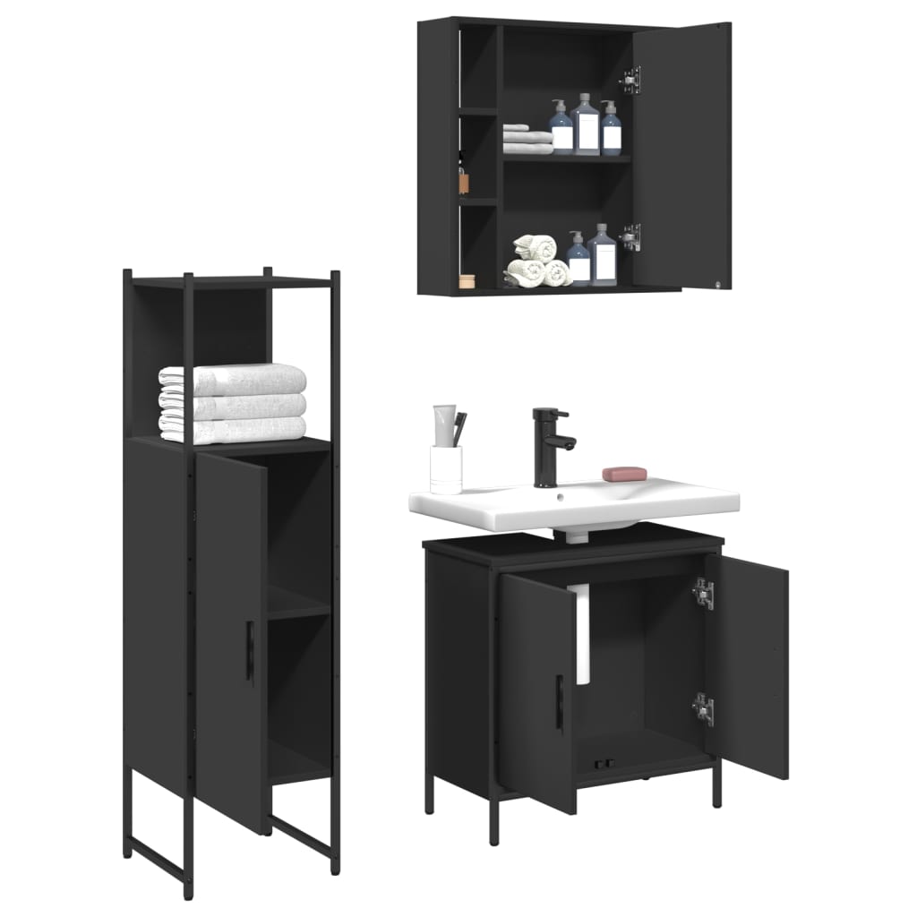 vidaXL 3 Piece Bathroom Cabinet Set Black Engineered Wood-3