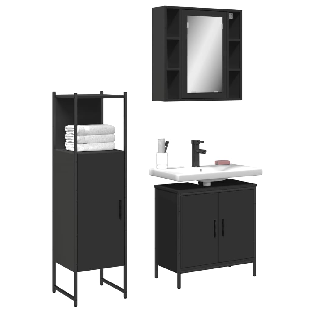 vidaXL 3 Piece Bathroom Cabinet Set Black Engineered Wood-0