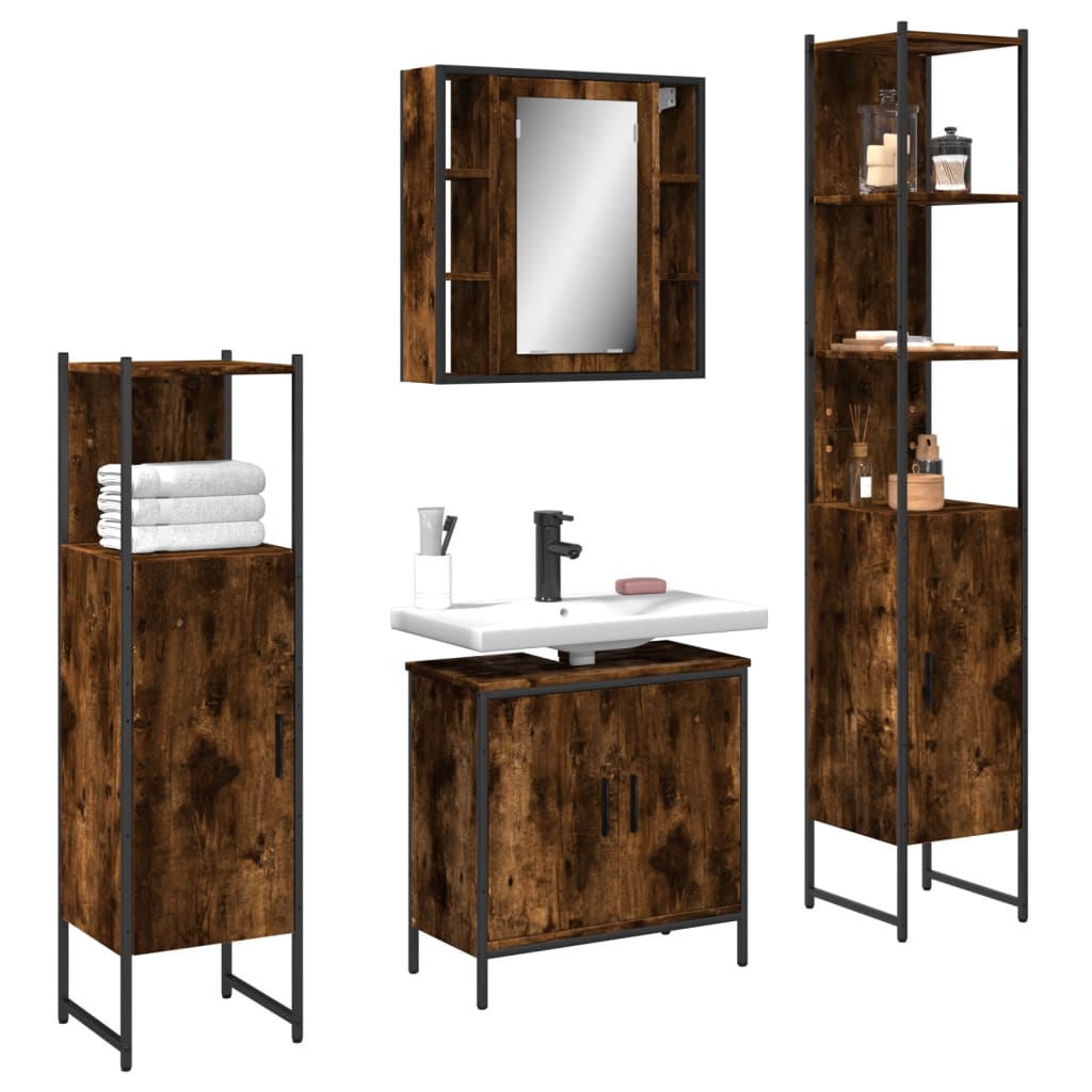 vidaXL 4 Piece Bathroom Cabinet Set Smoked Oak Engineered Wood-0