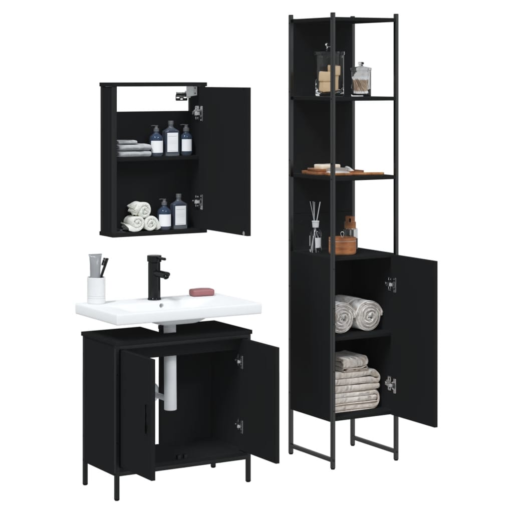 vidaXL 3 Piece Bathroom Furniture Set Black Engineered Wood-3