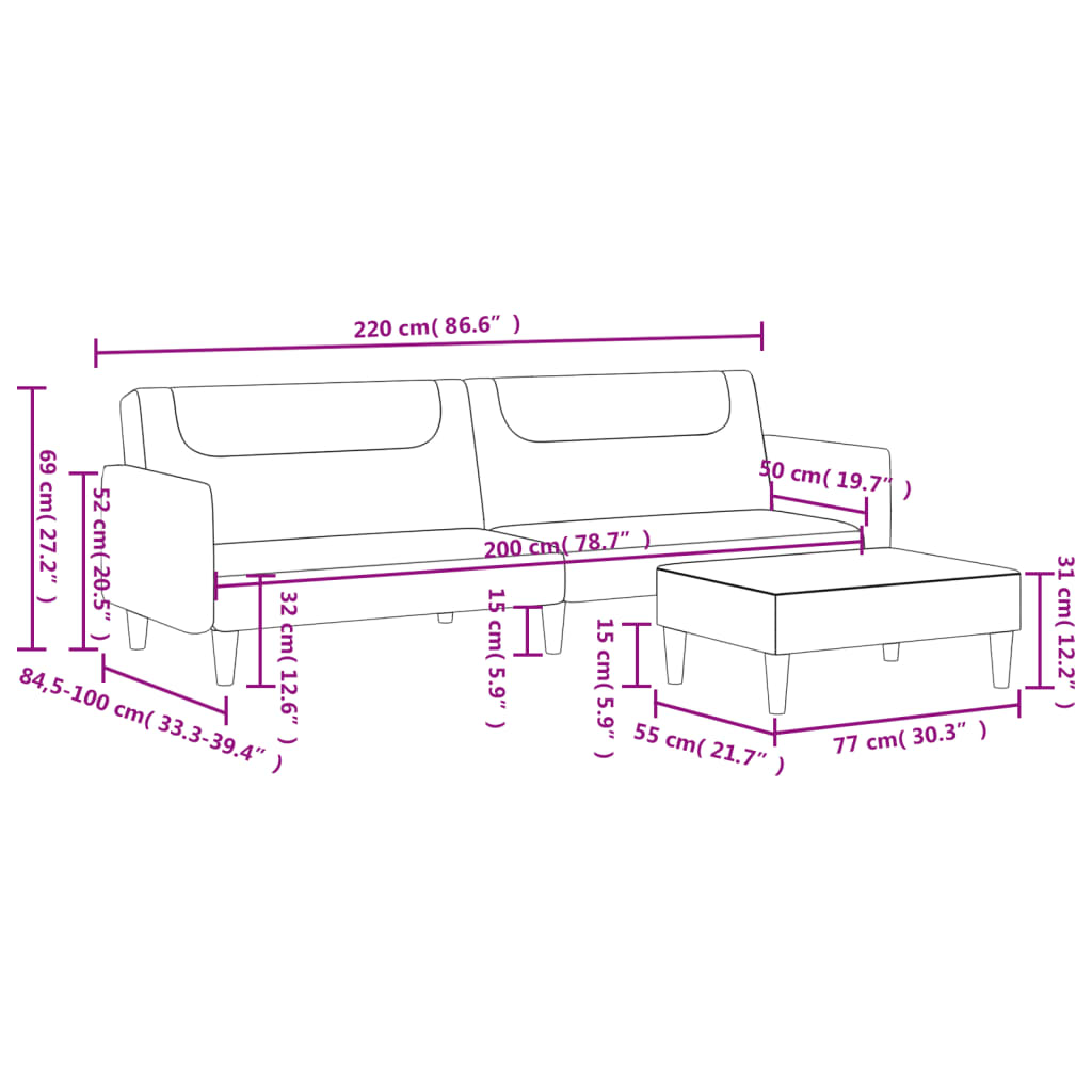 vidaXL 2-Seater Sofa Bed with Footstool Black Fabric-11