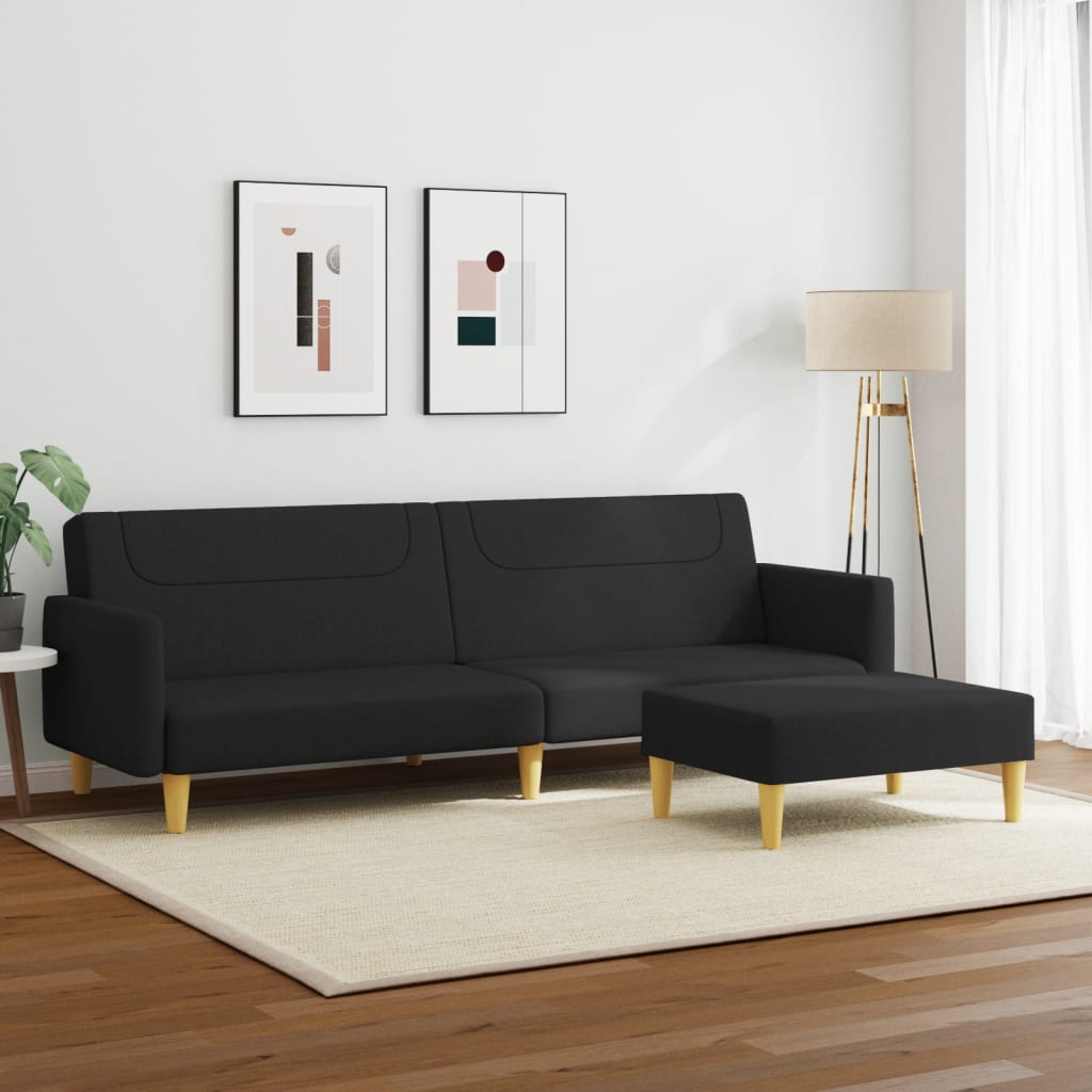 vidaXL 2-Seater Sofa Bed with Footstool Black Fabric-2