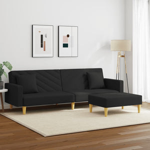 vidaXL 2-Seater Sofa Bed with Pillows and Footstool Black Fabric-1