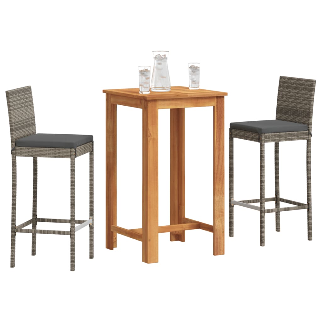 vidaXL 3 Piece Patio Bar Set Gray Solid Wood Acacia and Poly Rattan-0