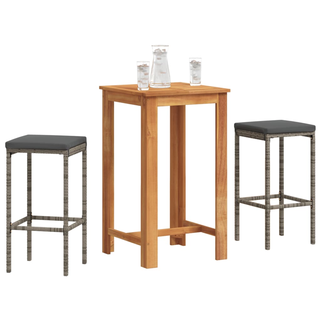 vidaXL 3 Piece Patio Bar Set Gray Solid Wood Acacia and Poly Rattan-0