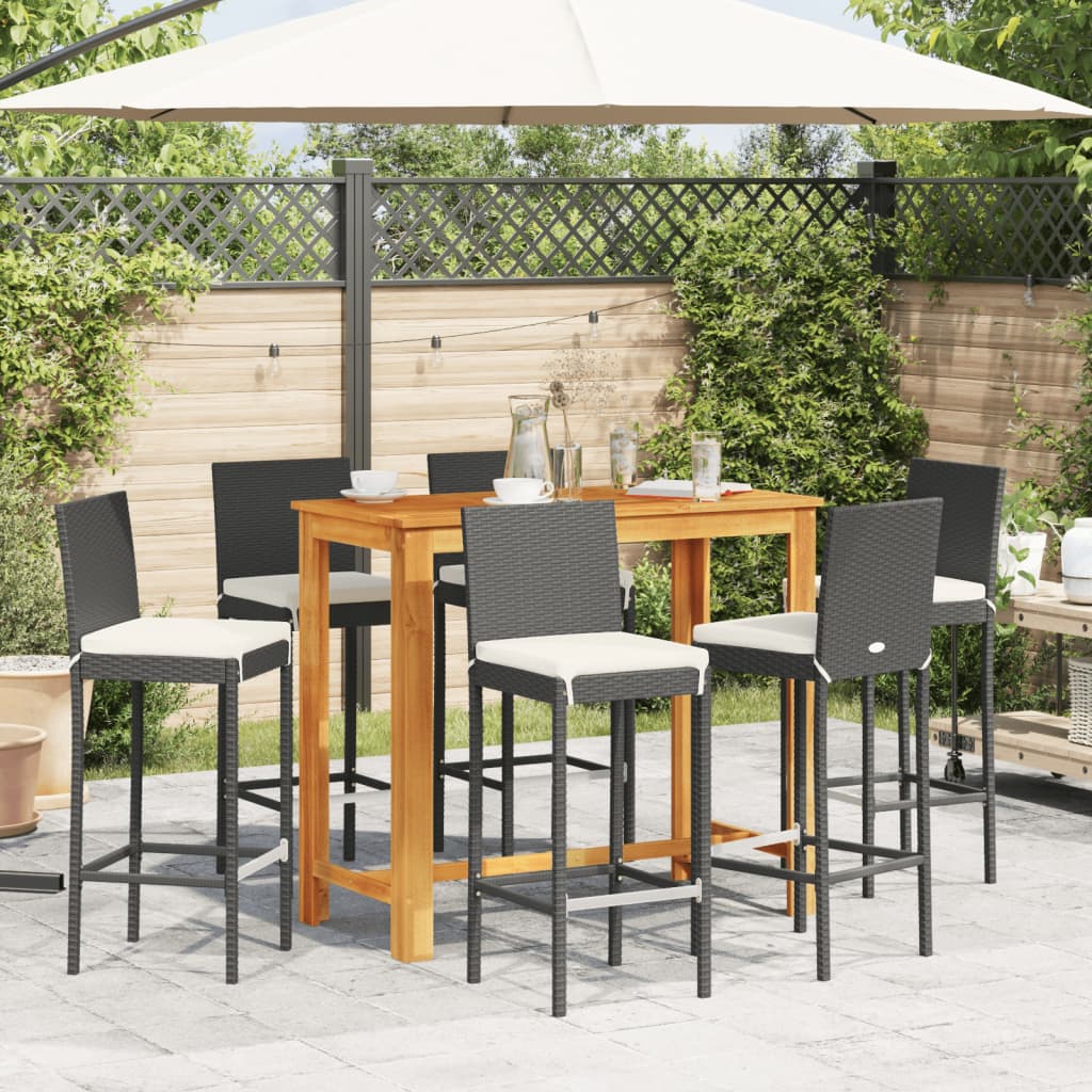 vidaXL 7 Piece Patio Bar Set Black Solid Wood Acacia and Poly Rattan-1