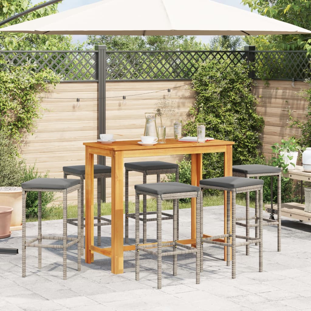 vidaXL 7 Piece Patio Bar Set Gray Solid Wood Acacia and Poly Rattan-2